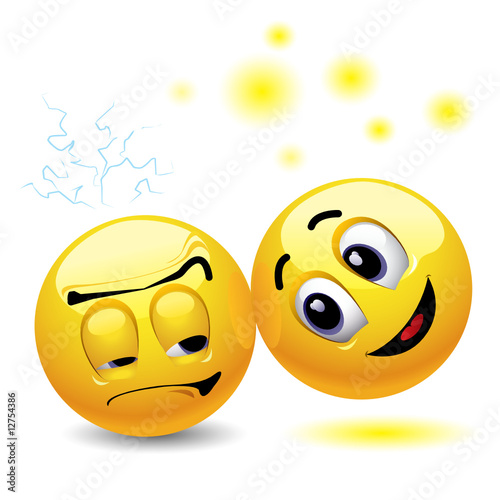 Smiling ball trying to cheer up another angry smilling ball