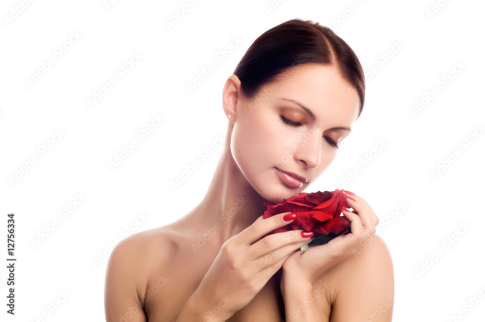 Portrait of Fresh and Beautiful woman with one's eyes with flowe Portrait of Fresh and Beautiful woman with one's eyes with flowe