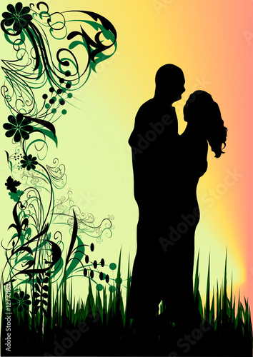 silhouette of couples man and woman on flowers background