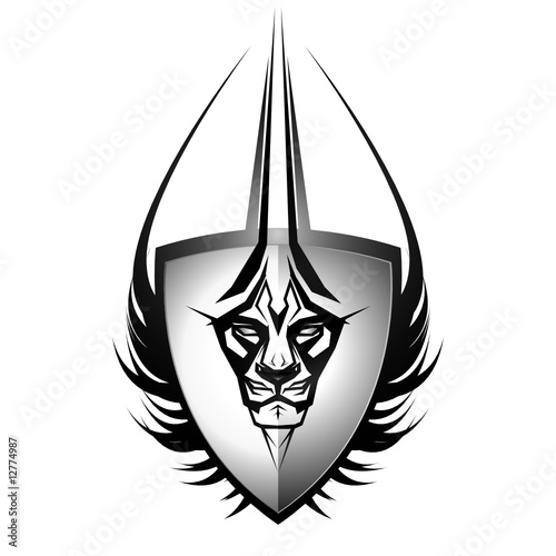 Metalic representation of lion in front of metal shield