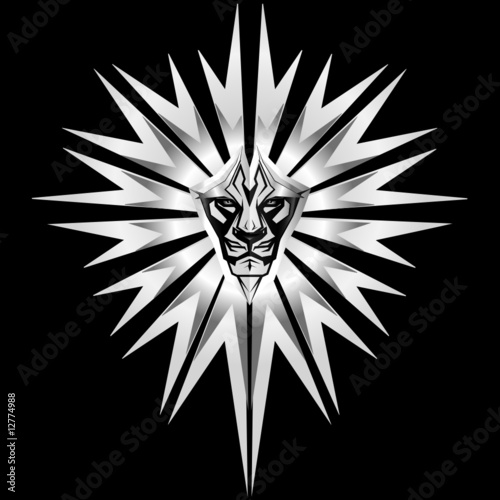 Metalic representation of lion in front of metal shield
