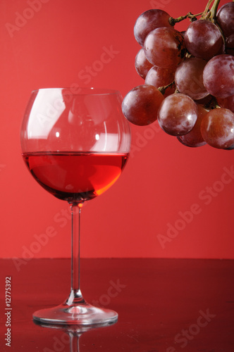 Red wine and branch of grapes