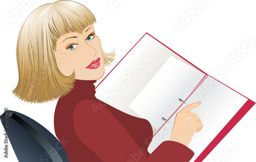business woman holding open document binder with space for text