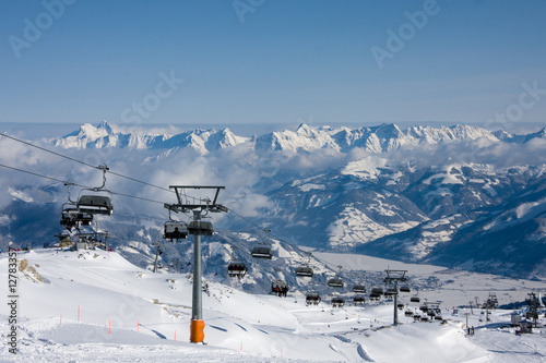 Ski lift under high mountains. Kaprun, Austria.