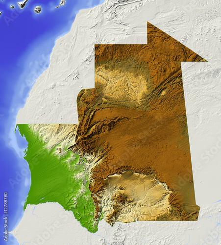 Mauritania, shaded relief map, colored for elevation photo