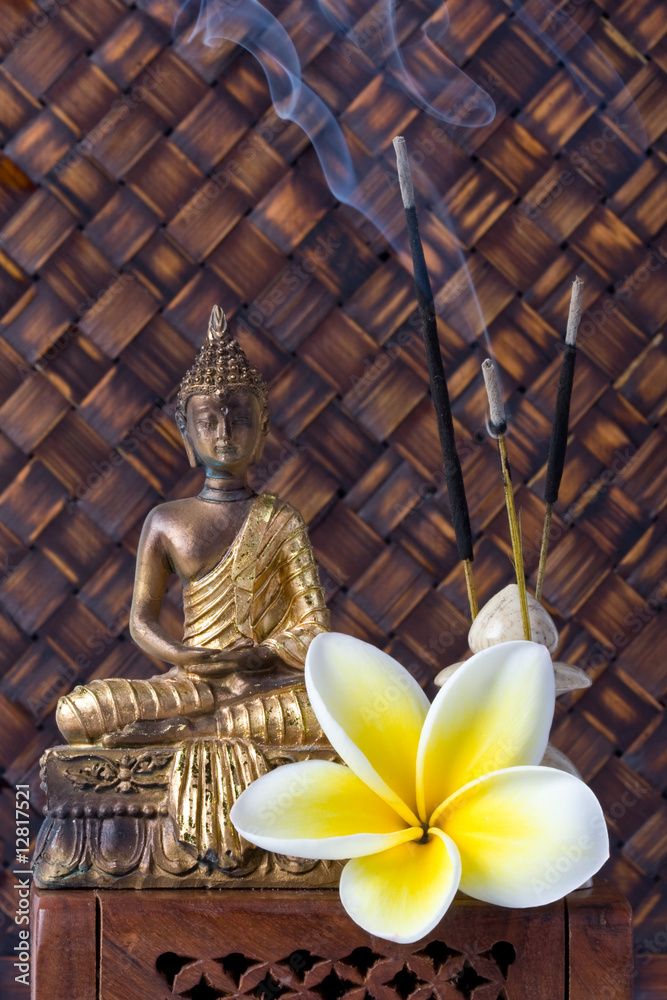 Fototapeta premium Buddha With Incense Sticks And Flower