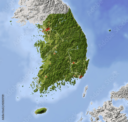 South Korea, shaded relief map, colored for vegetation