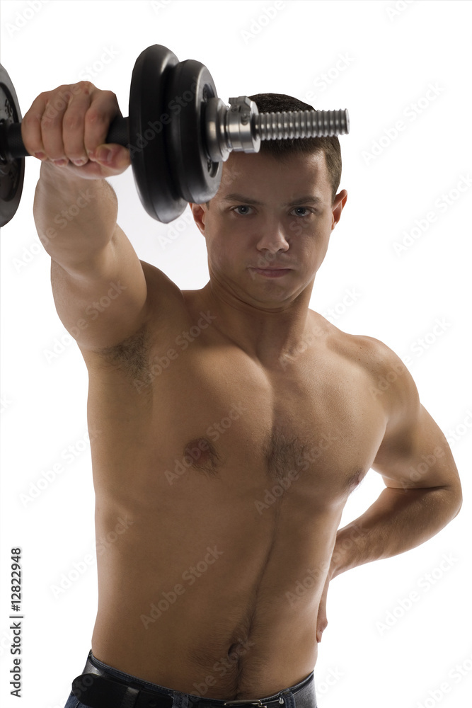 Young Sporty Man with Dumbbell Isolated on White Background Young Sporty Man with Dumbbell Isolated on White Background