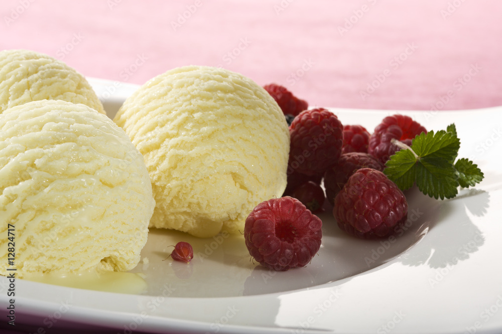 vanilla icecream with raspberries close-up vanilla icecream with raspberries close-up