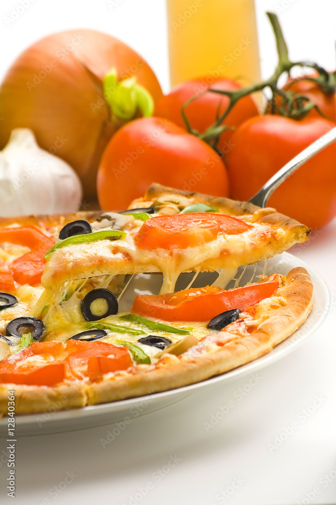 homemade pizza with fresh tomato olive mushroom cheese