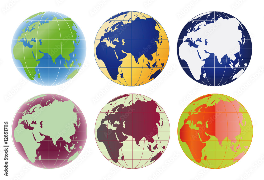 Globe Europe and Asia set of 6 color options Globe Europe and Asia set of 6 color options
