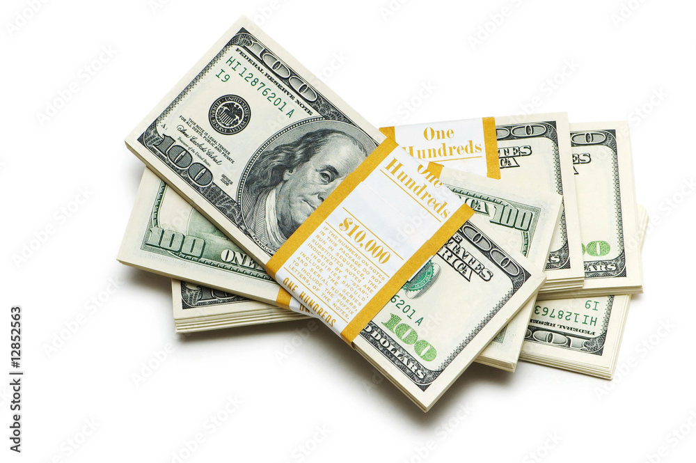 Ten thousand dollar stacks on the white Ten thousand dollar stacks on the white