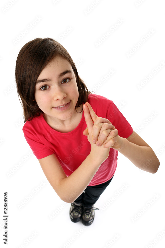 Young girl looking up isolated on white background Young girl looking up isolated on white background