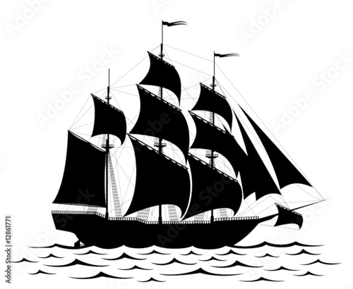 Black old ship and waves isolated on white