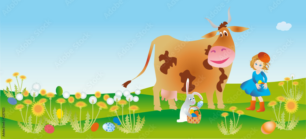 Fototapeta premium Easter reason with a girl, cow and rabbit