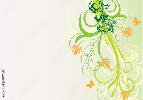 coin floral vert et orange papillons