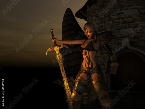 female warrior with fire tattoo hold sword and stands gaurd photo