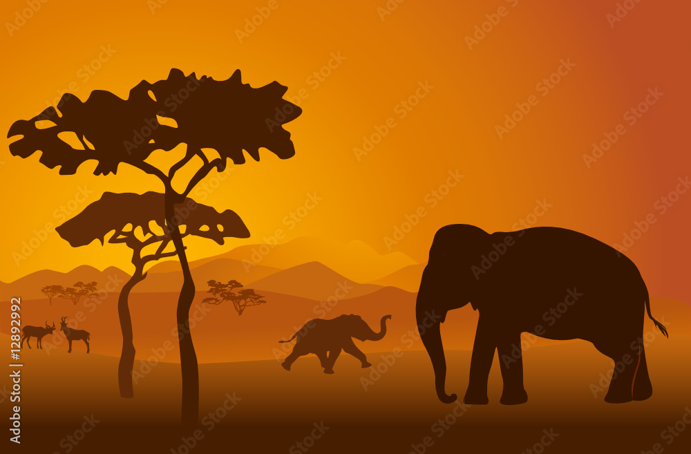 Silhouettes of elephants on backgrounds Kilimanjaro