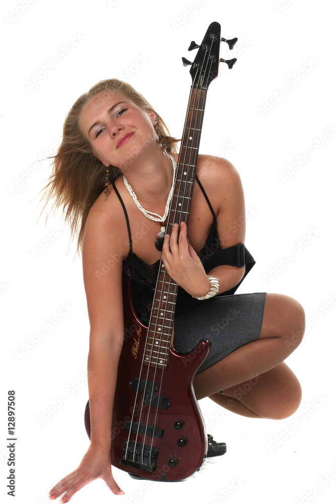 blond woman with guitar isolated on white background