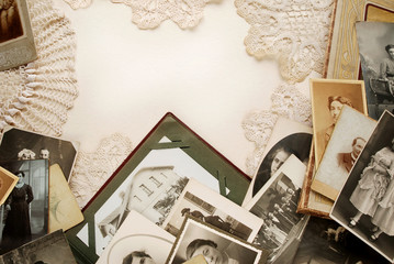 Background of old family photos and doilies