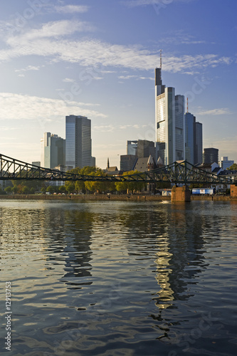frankfurt skyscrapers and waterfront at dusk
