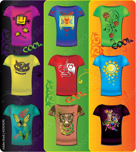 A collection of women's t-shirts templates on bright background