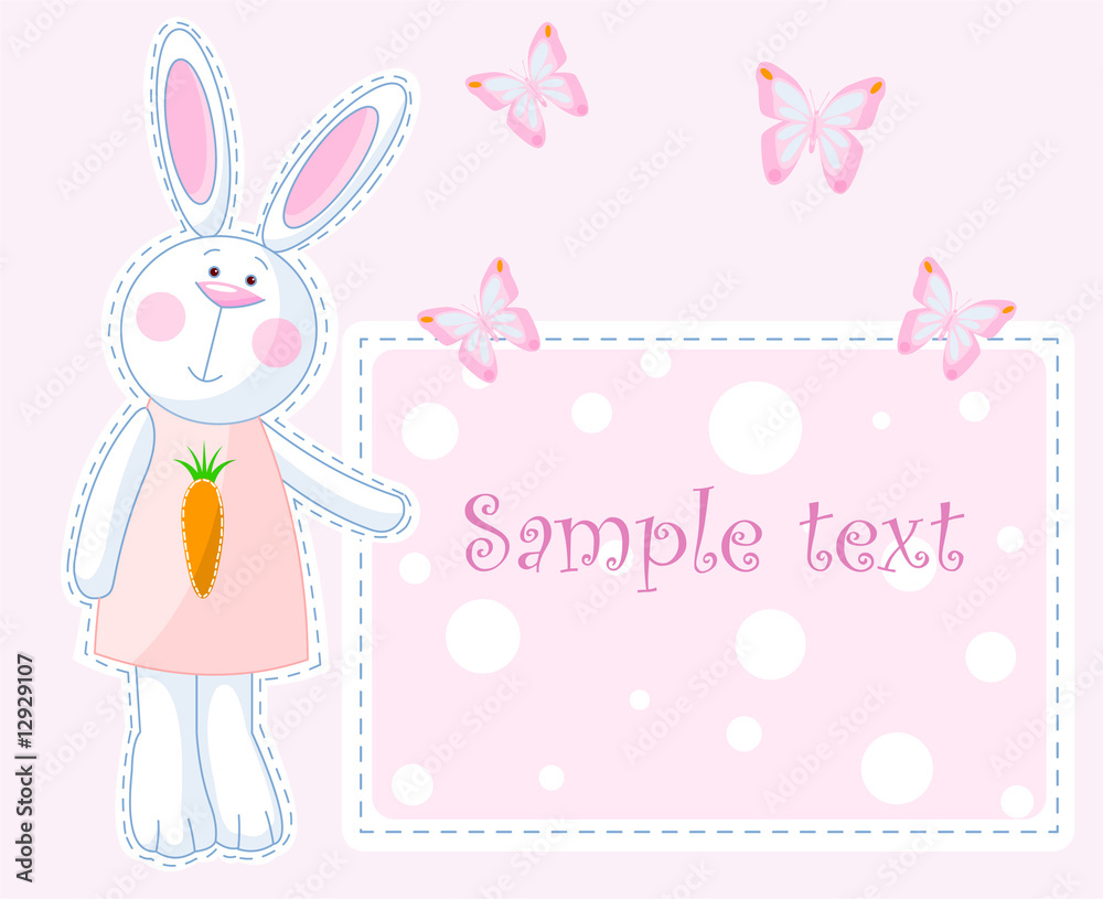 Cute bunny pointing on the greeting card