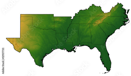 Terrain map of the Southern United States