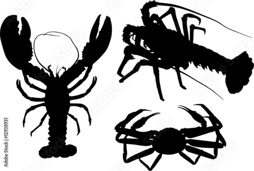 Some high-detailed silhouettes of crawfish and crab