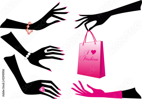 Female hands with jewels and shopping bag, vector