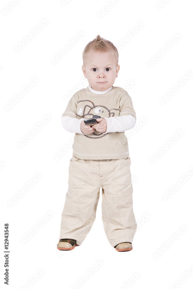 1 year baby with phone over white background 1 year baby with phone over white background