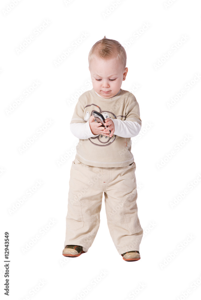 1 year baby with phone over white background 1 year baby with phone over white background