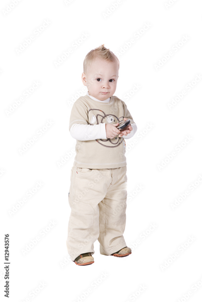 1 year baby with phone over white background 1 year baby with phone over white background