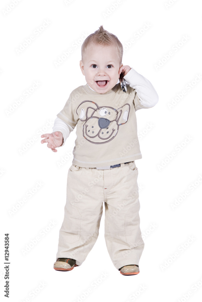1 year baby with phone over white background 1 year baby with phone over white background