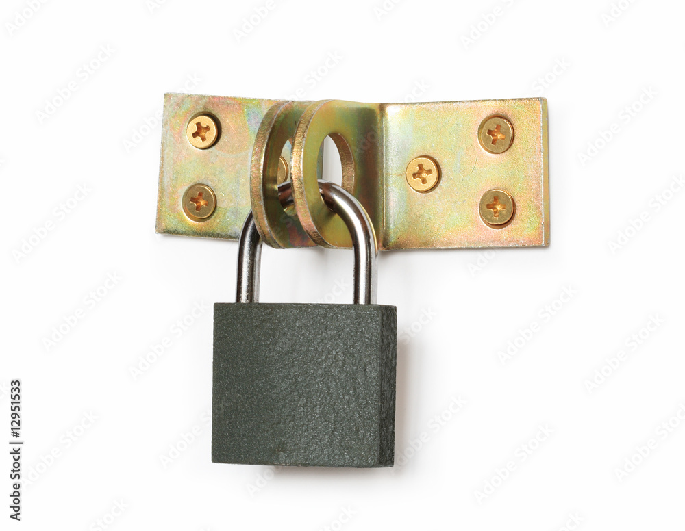 Locked padlock hanging with hinges on white background Locked padlock hanging with hinges on white background