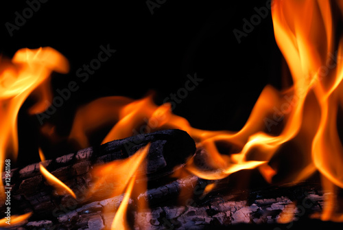 Burning fire wood on a black