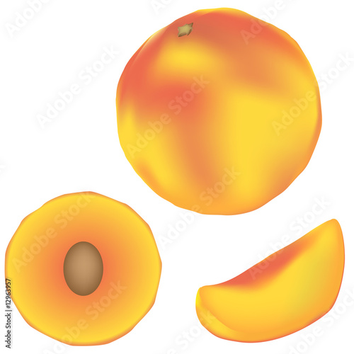 Whole peach, slice, and wedge - vector illustration