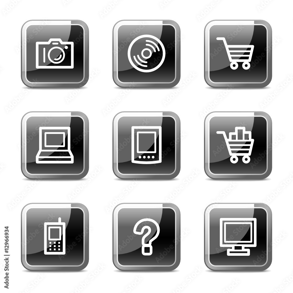 Electronics web icons, black square glossy buttons series Electronics web icons, black square glossy buttons series