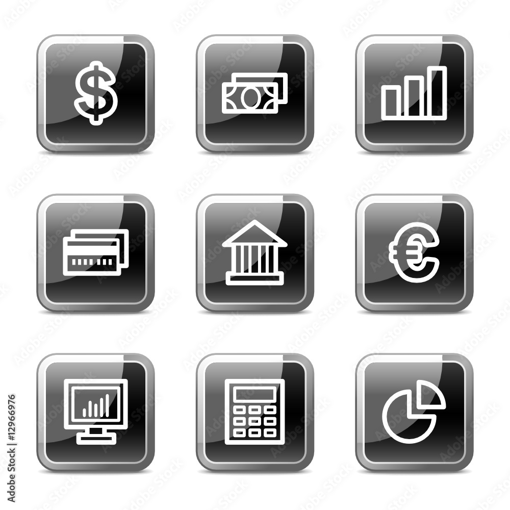 Finance web icons, black square glossy buttons series Finance web icons, black square glossy buttons series