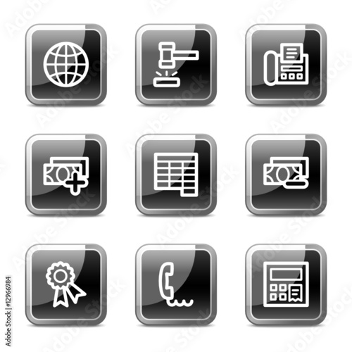 Finance web icons set 2, black square glossy buttons series