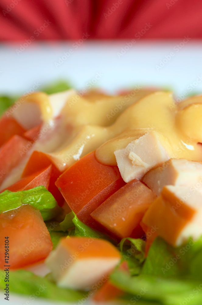 Plate with salad, tomato, cheese, balyk Plate with salad, tomato, cheese, balyk
