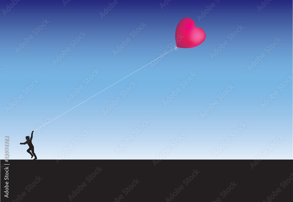 Fototapeta premium A child running with a single heart shaped balloon