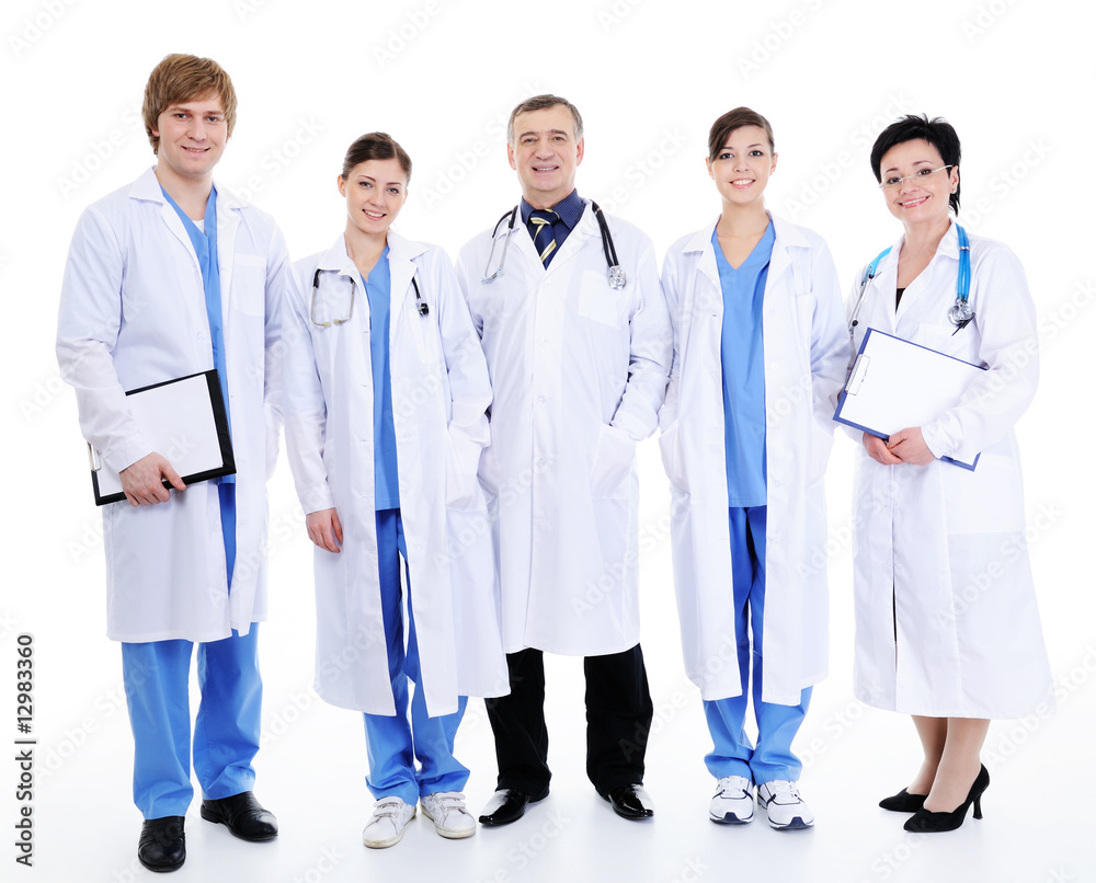 five happy laughing doctors in hospital gown five happy laughing doctors in hospital gown