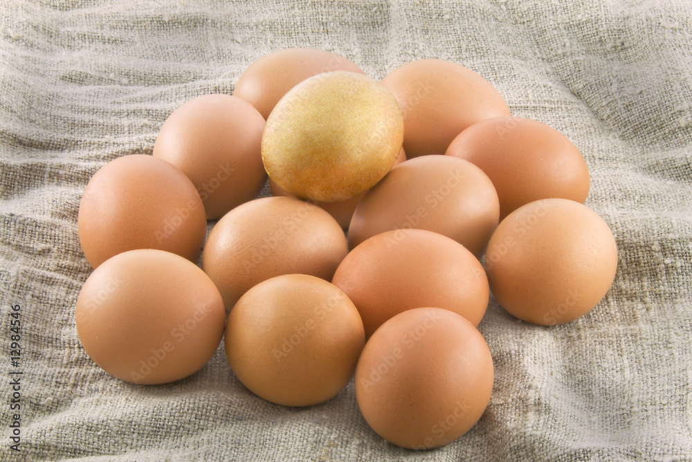 One golden egg with many ordinary fresh rural eggs lying on a sa One golden egg with many ordinary fresh rural eggs lying on a sa