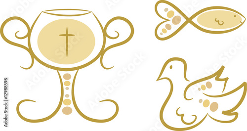 Dreiteiliges Set: Religiöse Symbole - Kelch, Fisch, Taube