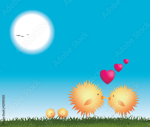 Chickens kissing on a nest, valentines