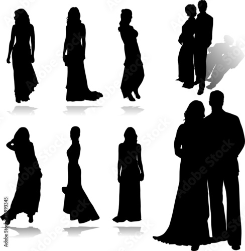 couple and girls in dress vector silhouettes