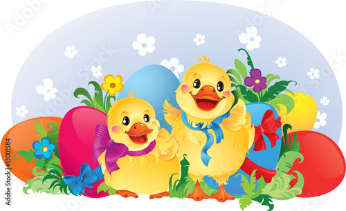 Easter greeting card with ducklings and eggs