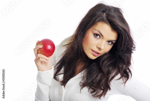 beautiful woman eating red apple