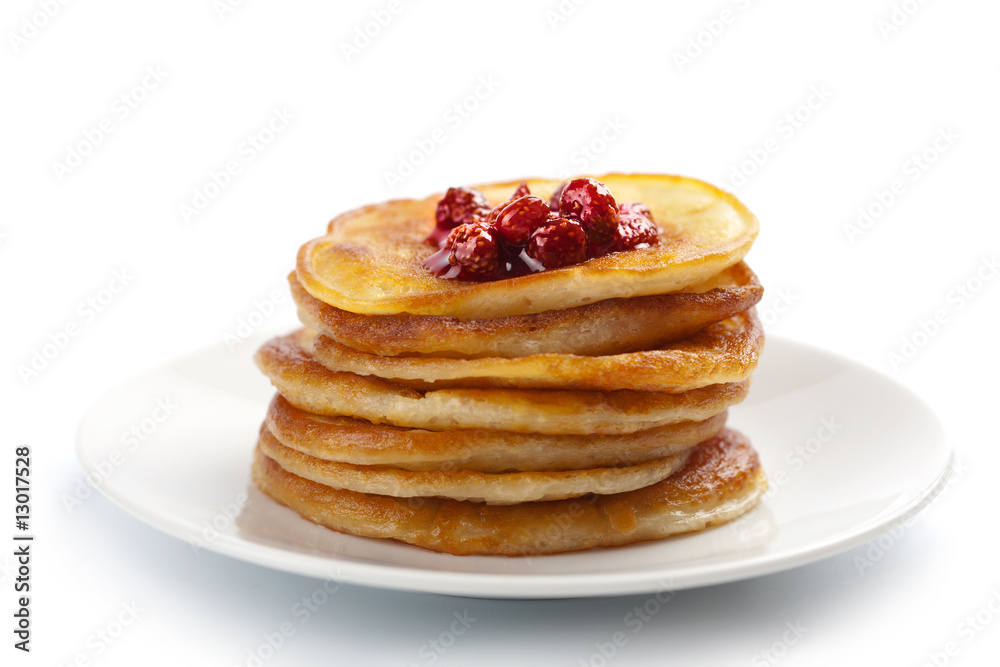 sweet pancakes with strawberry jam isolated sweet pancakes with strawberry jam isolated